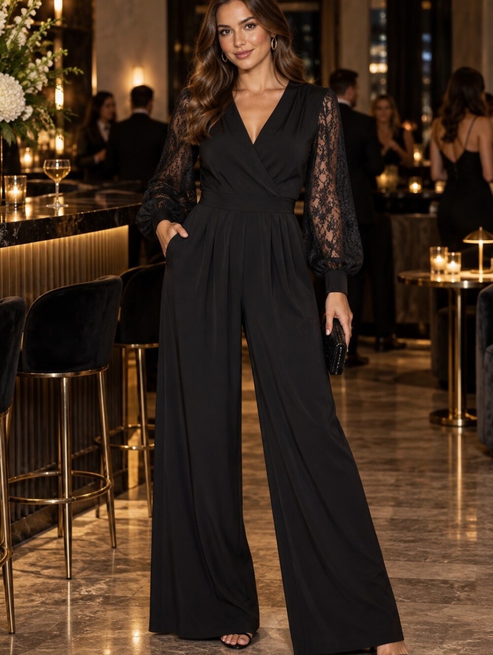 Jessica Howard Black Lace Sleeve Wrap-Front Jumpsuit